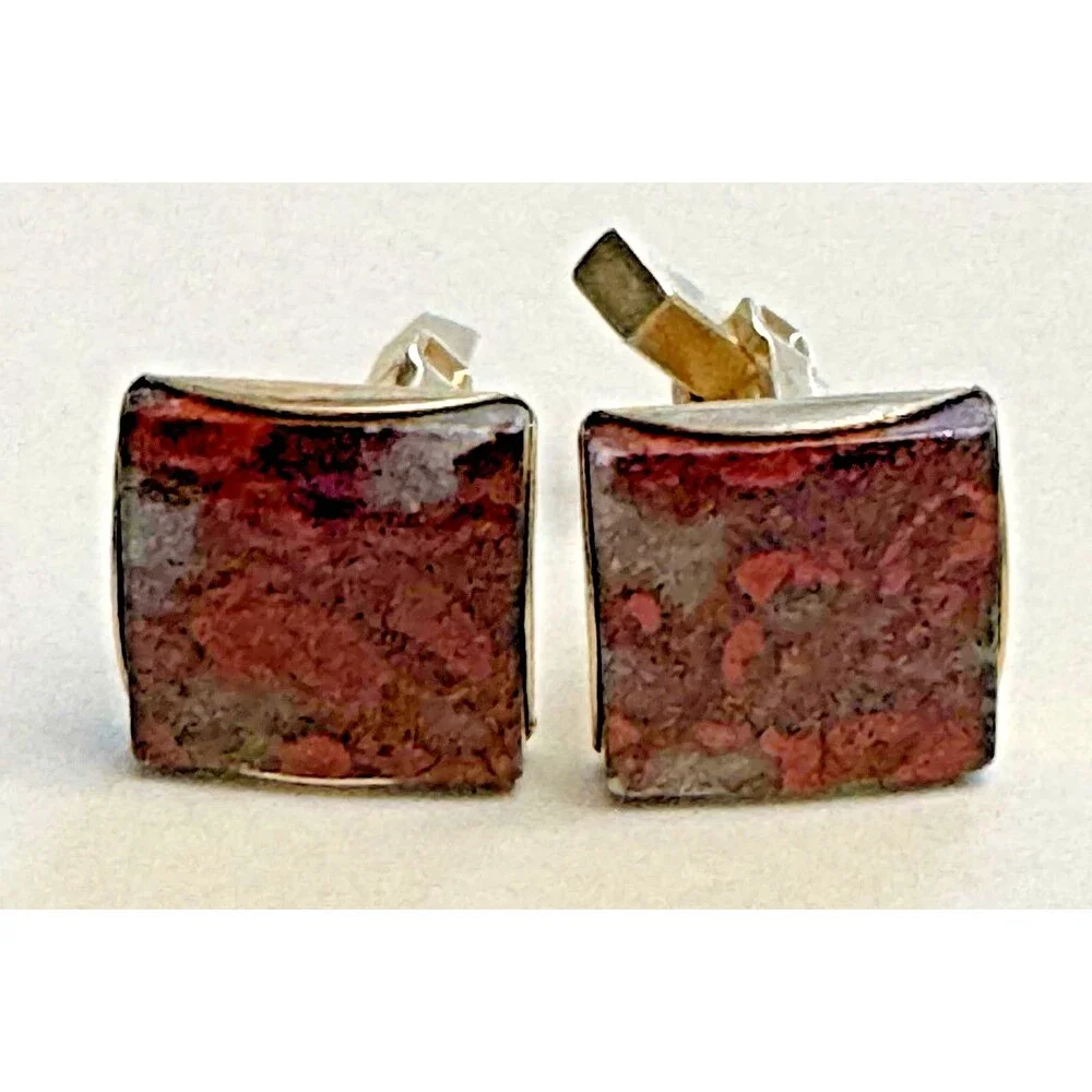 Vintage Square Cufflinks Marbled Red Brown Inlay Goldtone 0.5 inch